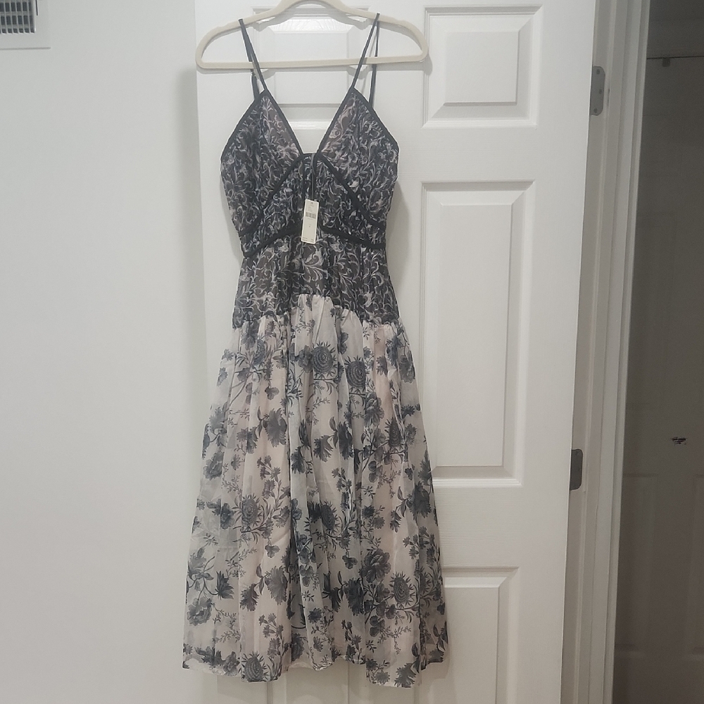 Floral Lace Midi Dress in Black and Cream